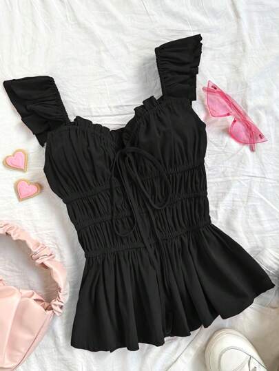 Soleia Cap Sleeve Solid Color Ribbon Tie Wrapping Ruffle Edge Summer Blouse