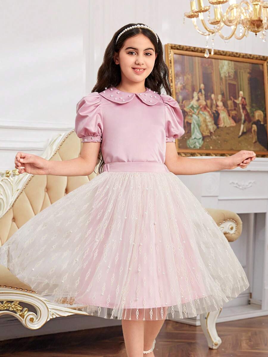 SHEIN Tween Girl Beaded Stand Collar Sheer Sleeve Shirt & 3D Floral Print Skirt Set - Apricot - View 1