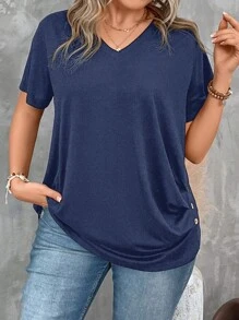 SHEIN LUNE Plus Size Women's Solid Color V-Neck Short Sleeve Pleated Casual T-Shirt, Summer - Navy Blue - View 3