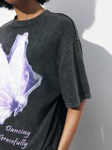 Maija 女士休闲印花T恤，适合返校季穿着，夏季蝴蝶标语印花圆领宽松短袖T恤，浪漫时尚，百搭；适合夏季度假，舒适，波西米亚风，沙滩装。 - 黑色 - 查看 7