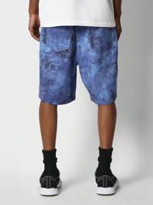 SUMWON Loose Fit Denim Short With All Over Pixel Print - Blue - View 4