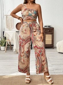 Breezaya Plus Size Vacation And Leisure Paisley Print One-Shoulder Crop Top With Wide Leg Pants Two Pieces Set
