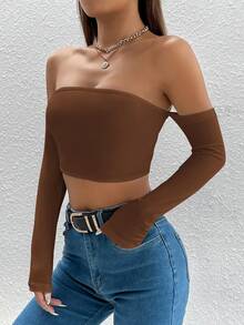 SHEIN PETITE Top sólido de hombros descubiertos y recortado - Café integral - Ver 4