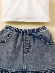 Conjunto de dos piezas con top de punto de cuello de halter cruzado y falda vaquera de cola de pez para niña joven - Azul y blanco - Ver 3