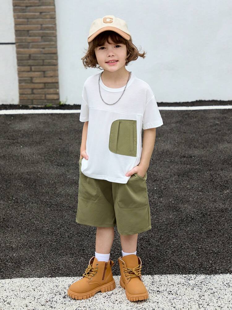 2pcs Boys Casual Comfortable Short Sleeve T-Shirt And Denim Shorts Outfit, Suitable For Outdoor Play, Daily Wear, School And Summer