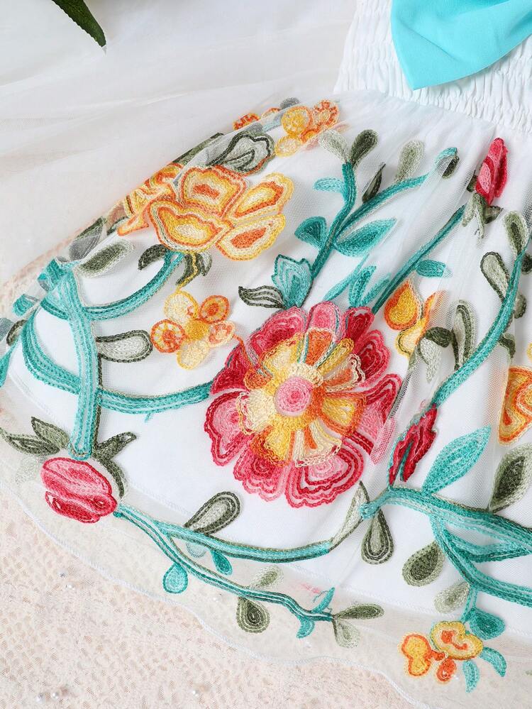 Embroidered Mesh Bowknot Baby Girl Summer Lovely Sweet Dress With Shoulder Straps