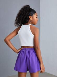 SHEIN Conjunto de tank top y shorts rectos de punto para niña preadolescente con estilo urbano y fresco, primavera/verano