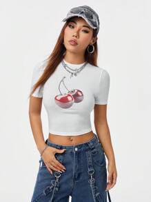 SHEIN EZwear Street Cool All-Match Women's Slim Fit T-Shirt With Pixelated Fruit Cherry Print, Spring And Summer