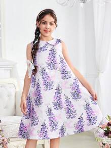 SHEIN DRMZ Tween Girl Tween Girl Cute Loose Collar A-Line Dress With Layered Ruffled Mesh Top 2pcs Set - Purple - View 3