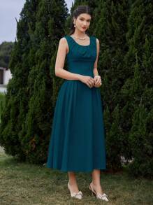 Modelyn Women's Summer Solid Color Sleeveless A-Line Midi Dress With Pleated Detail And Cinched Waist Long Evening Dresses - Teal Blue - View 5