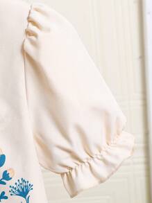 青少年女孩夏季花卉印花短袖泡泡上衣和荷叶边下摆短裙休闲两件套，适合度假、夏季、旅行 - 杏色 - 查看 6