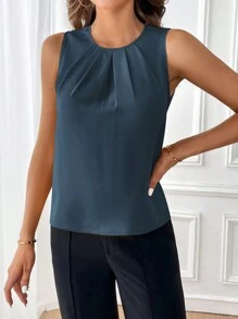 SHEIN Clasi Áo dài mùa hè không tay màu trơn thanh lịch có cổ tròn cho nữ - Rửa tối - Xem 3