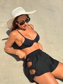 Swim Vcay Women's Solid Color Bow Tie Casual Beach Shorts, Summer