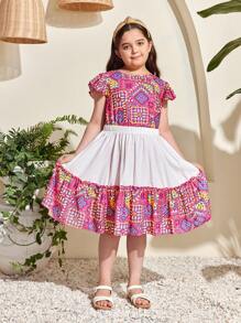SHEIN Tween Girls Extended Size Loose Casual  Print Cap Sleeve Shirt And Skirt Set - White - View 5