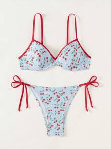 Women's Summer Beach Cherry Printed Bikini Set - Tie-Up Halter Top And Sexy Cute Bottoms