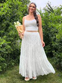 CovetEZ Plus Size Solid Color Lace Ruffle Hem Skirt For Summer - White - View 5