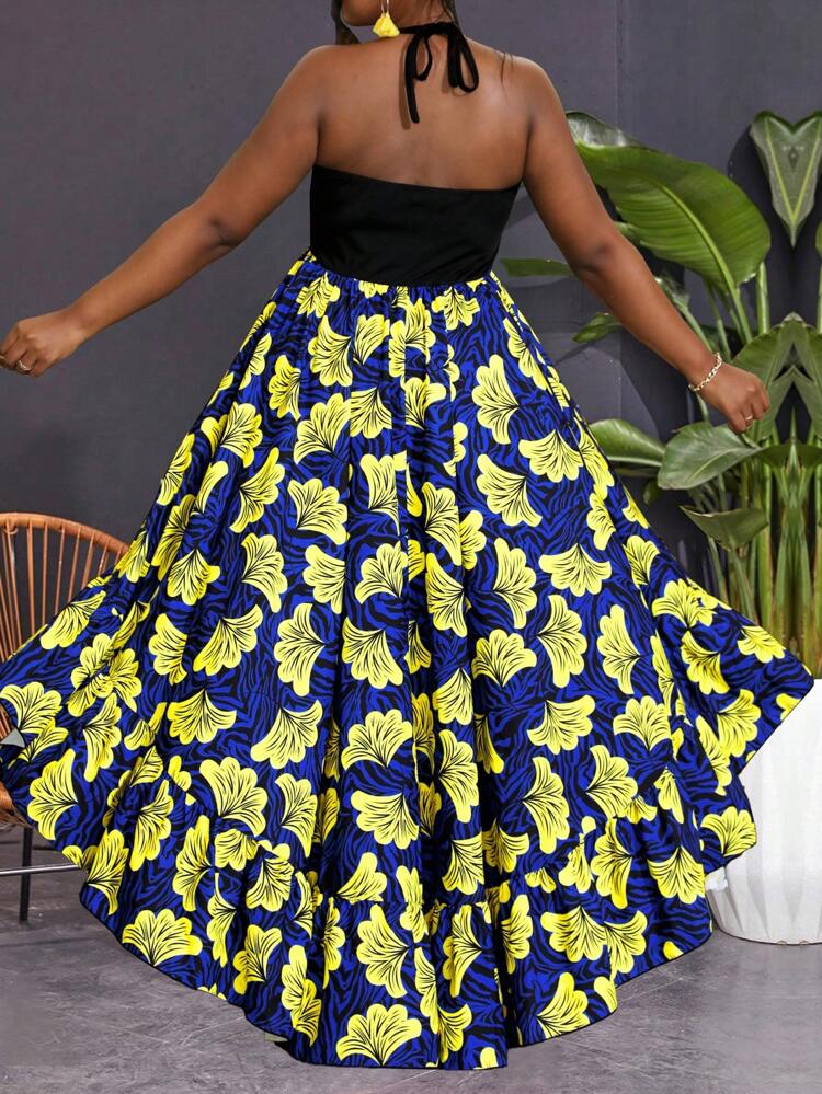 Plus Size Tie-Back Halter Neck High-Low Printed Dress