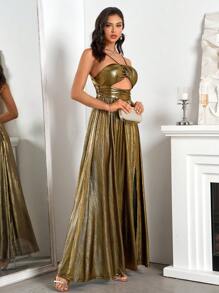 SHEIN Belle Gorgeous Suspender Strapless High Waisted Hollowed Out Backless Gilded Ball Dress Grad Dress Maxi Women Dresses - Gold - View 3