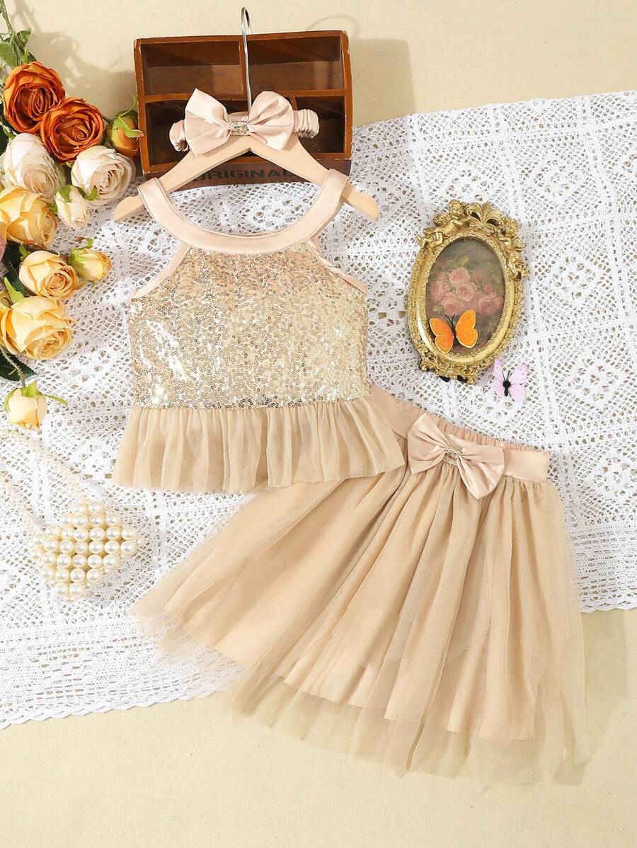 SHEIN Young Girl 2pcs  & Elegant Camisole Top With Pearl Adorned Mesh Hem + Asymmetrical  Tulle Hem Satin Ribbon Butterfly Skirt Set - Apricot - View 1