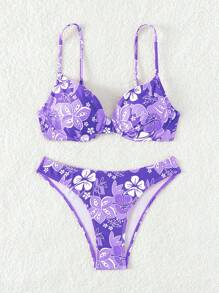 SHEIN Swim Floral Print V-Neck Spaghetti Strap Bikini Set, Separated , Summer Beach - Purple - View 8