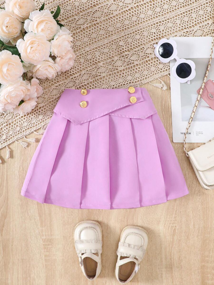 SHEIN Falda morada con pliegues y detalles de botones para niña joven, perfecta para uso casual - Morado - Ver 1