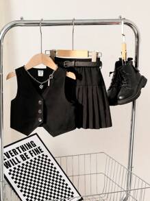 SHEIN 年輕女孩休閒通勤V領上衣和褶皺裙套裝，配有頸後扣環 - 黑色 - 查看 1