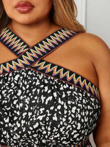 SHEIN CURVE+ Plus Size Leopard Print Splice Woven Tape Beach Jumpsuit With V Neckline And Cinched Waist - Black - View 5