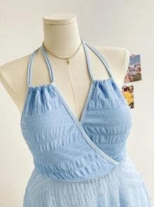 Soleia Plus Size Women's Holiday Halter V-Neck Backless A-Line Top - Blue - View 3