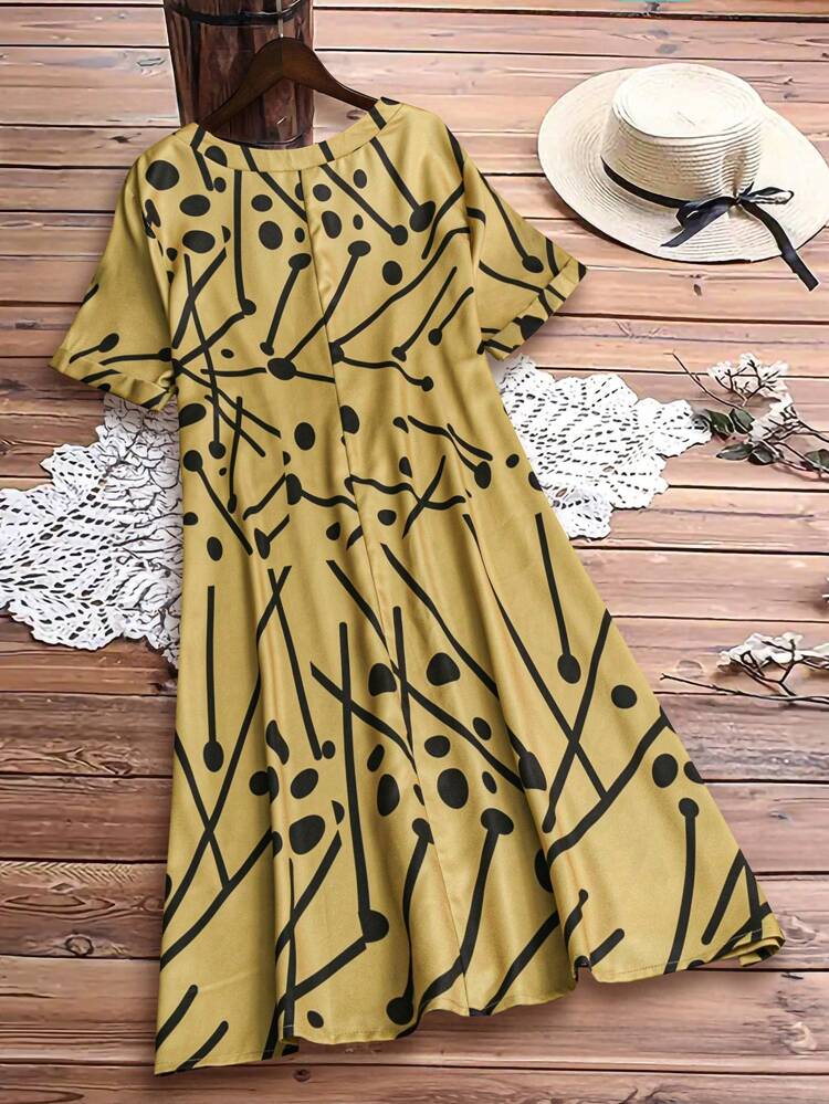 Summer V-Neck Plus Size Women's Geometric Printed Casual T-Shirt Dress