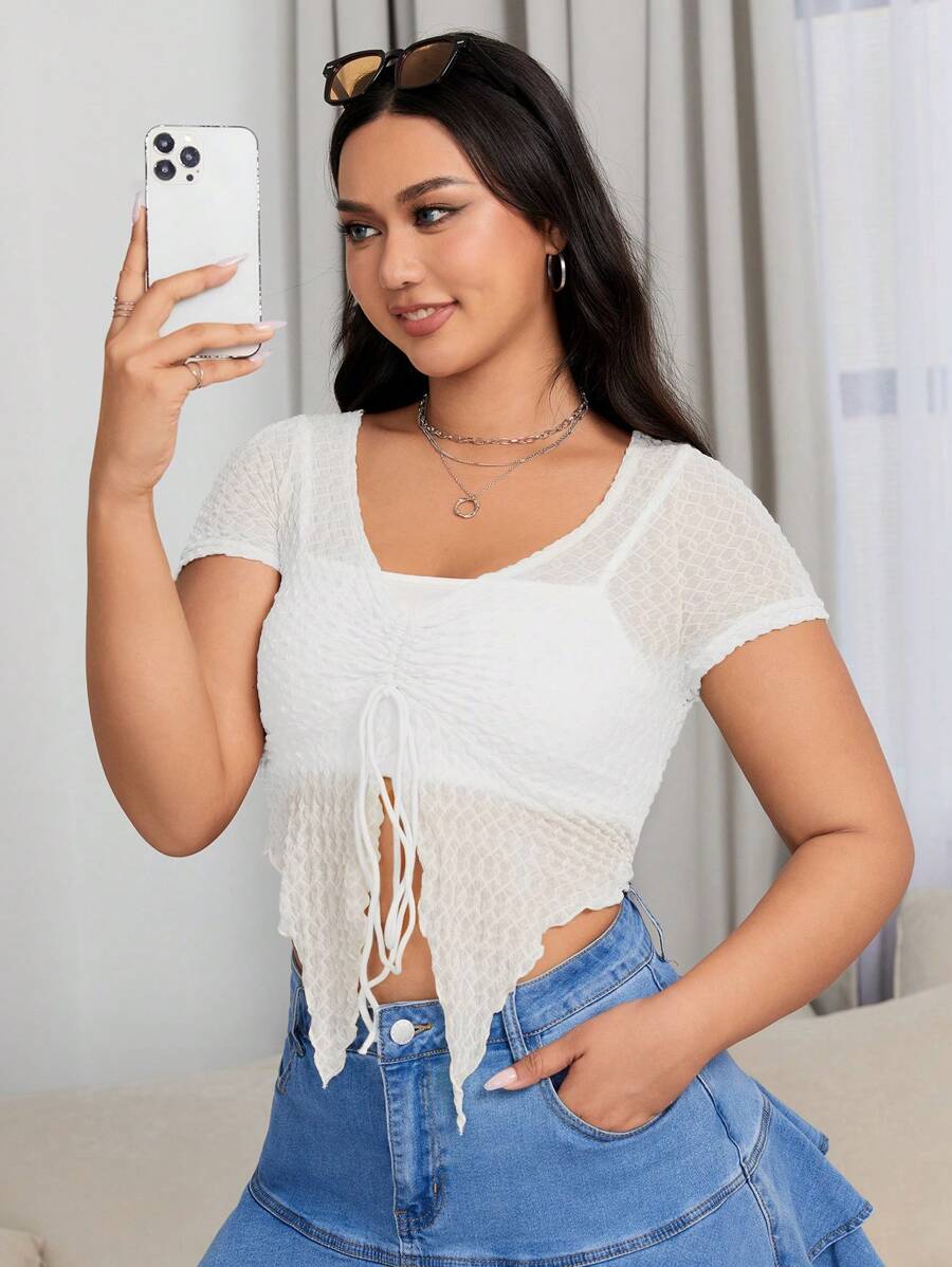 SHEIN EZwear Plus Size Women's Summer Solid Color V-Neck Front Drawstring Slit Hem Short Sleeve T-Shirt - White - View 1