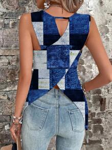 SHEIN LUNE 女性夏季時尚牛仔拼接背心 - 藍色 - 查看 1