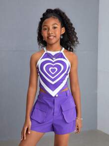 SHEIN Conjunto de tank top y shorts rectos de punto para niña preadolescente con estilo urbano y fresco, primavera/verano