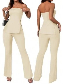 SHEIN SXY Women's Solid Color Halter Top With Side Slit And Flared Pants Holiday Leisure Two-Piece Set - Apricot - View 7