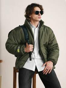 RueChic Men's Classic Style Stand Collar -Padded Jacket With Elastic Hem Drawstring And Ribbed Cuffs - Dark Green - View 3