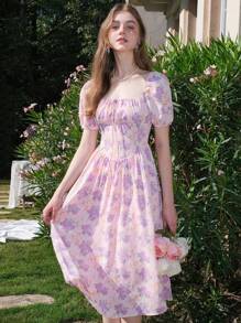 Elegant Floral All-Over Print Puff Sleeve Cinch Waist Summer Dress - Purple - View 6