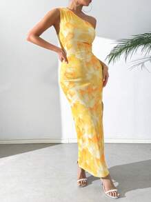 Chiquease Váy hở vai nữ in họa tiết xẻ cao và phối lưới - Màu vàng - Xem 4