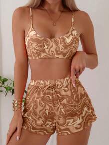 SHEIN Swim 女士大理石印花休闲比基尼套装，适合夏季海滩，配有随机印花罩衫短裤 - 咖啡棕 - 查看 1