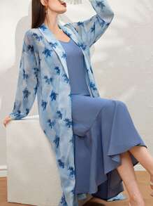 Modelyn Women's Elegant Spaghetti Strap Long Dress And Printed Cover Up 2-Piece Set, Summer Fall Cloth For Women - Blue - View 3