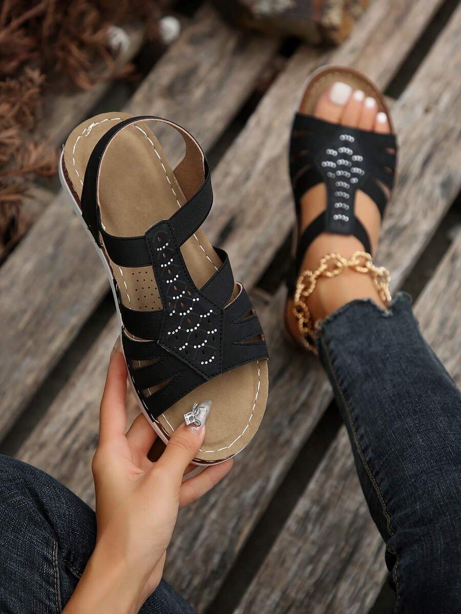 Mùa Hè Mới Đính Kim Cương Nữ Thương Mại Thoải Mái Thời Trang Plus Kích Thước Đế Xuồng Gót Đế Có Dây Co Giãn - màu đen - Xem 1