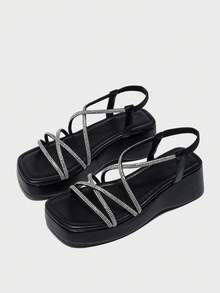 女士露趾水钻绑带厚底坡跟凉鞋，休闲沙滩厚底凉鞋，黑色