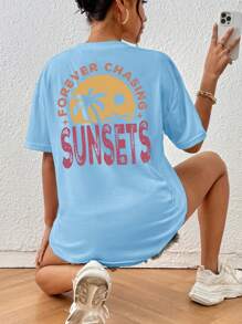 INAWLY 女式夏季棕榈树字母印花圆领落肩宽松休闲 T 恤 FOREVER CHASING SUNSETS - 淺藍色 - 查看 6