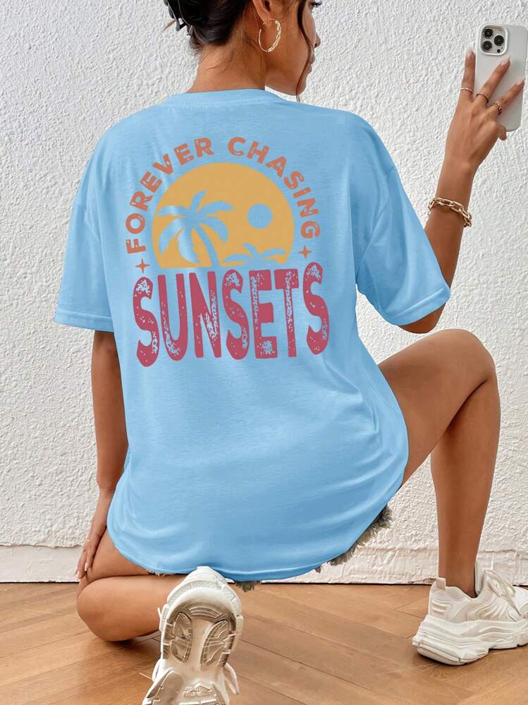 INAWLY 女式夏季棕榈树字母印花圆领落肩宽松休闲 T 恤 FOREVER CHASING SUNSETS - 淺藍色 - 查看 6