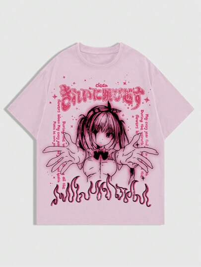 ROMWE MEN Anime メンズ 半袖 アニメプリントTシャツ、春夏の日常着、学校、2000年代スタイルに適しています