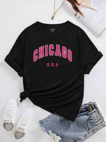 SHEIN CURVE+ Plus Size Letter Print T-Shirt - Black - View 1