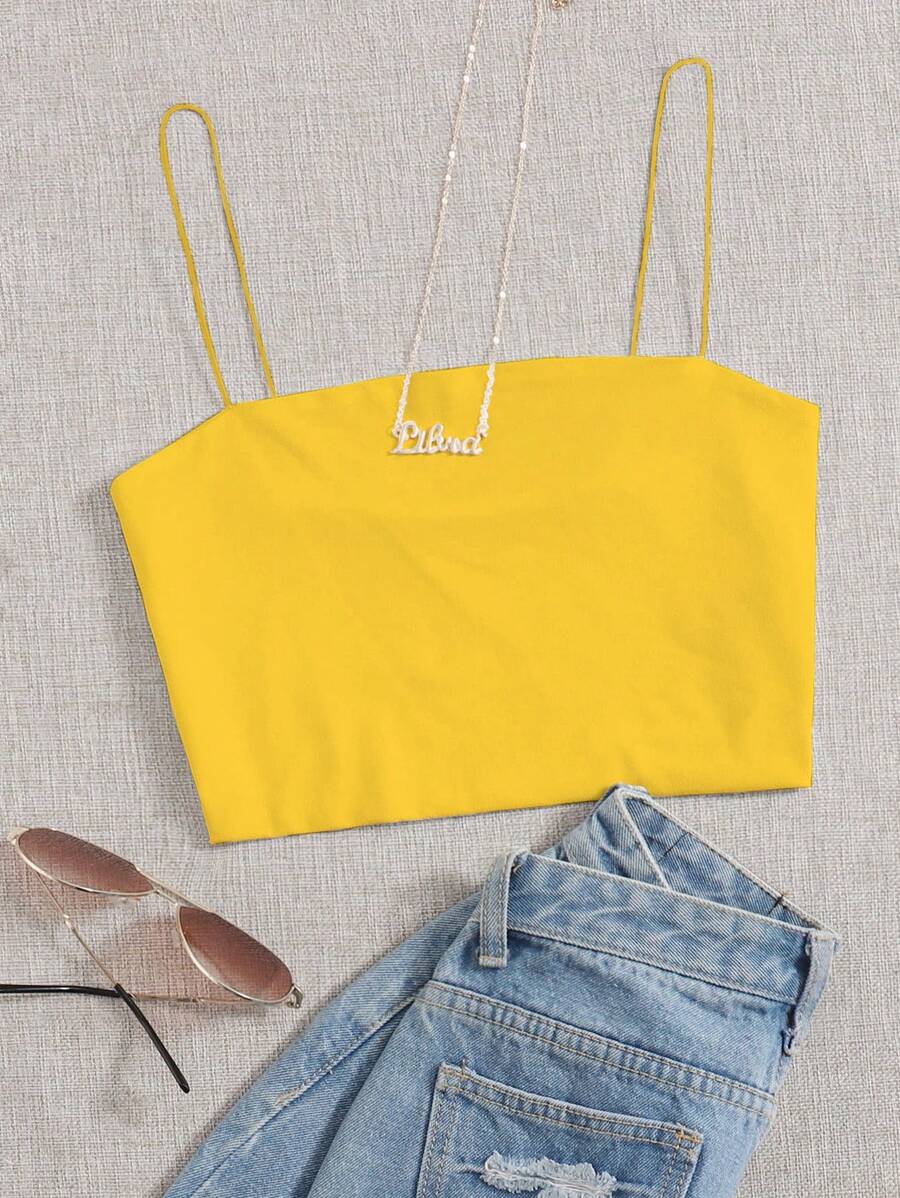SHEIN Unity Summer Solid Color Ribbed Knit Casual Cami Top - Yellow - View 1