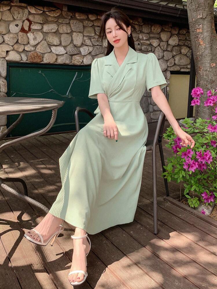 Women's Summer Casual Solid Color Wrap Cinched Waist Dress Sundress