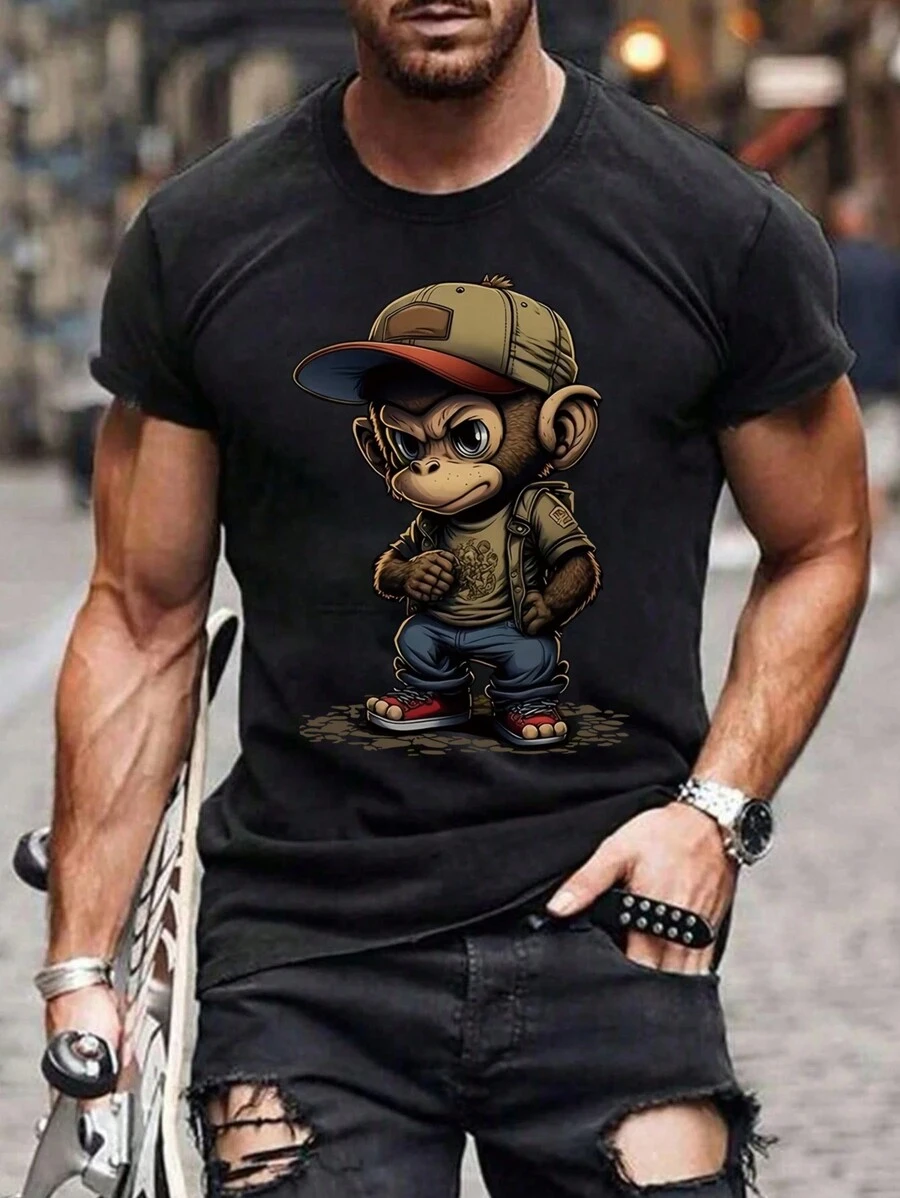 Manfinity Dauomo Men's Summer Cartoon Monkey Printed Round Neck Short Sleeve Casual T-Shirt - Black - View 1
