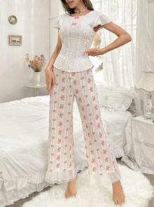 CottageSlumber V领短袖花卉印花露背上衣和提花裤睡衣套装睡衣套装白色套装节日季 - 白色 - 查看 6