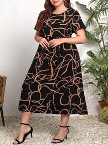 SHEIN CURVE+ Vestido midi asimétrico de talla grande con estampado de líneas - Multicolor - Ver 4