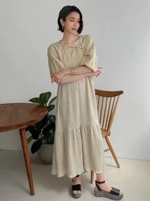 FRIFUL Women's Casual Solid Color Bishop Sleeve Dress With Ruffled Hem Sundress - Apricot - View 8
